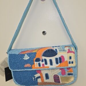 Hand-Beaded Light Blue Coastal Motif Shoulder Bag